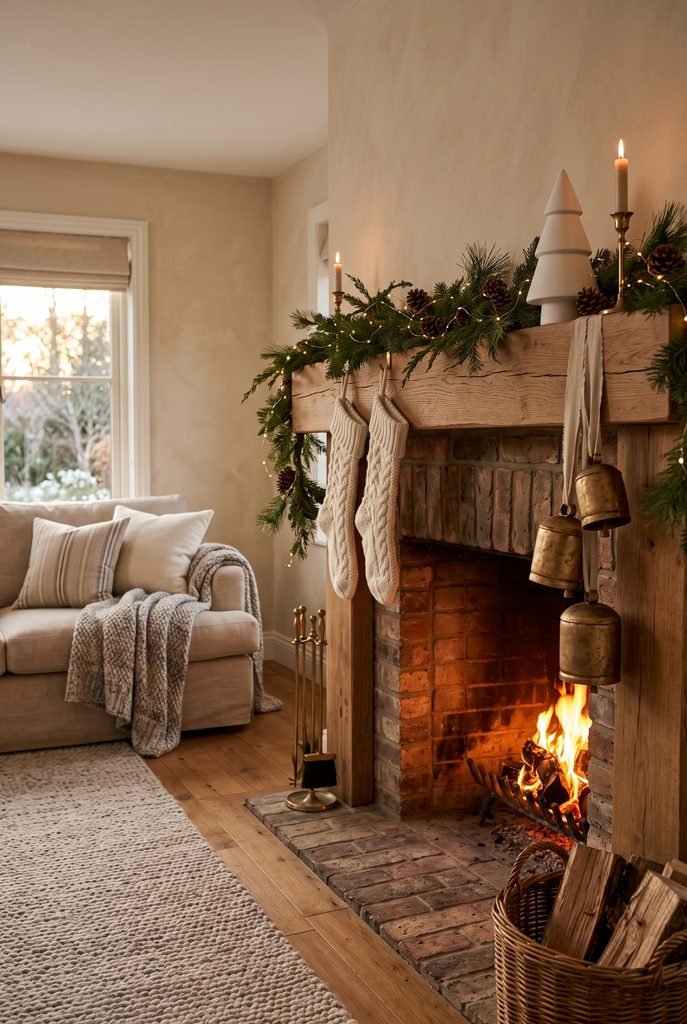 Traditional Christmas fireplace with large brass bells, greenery, and stockings