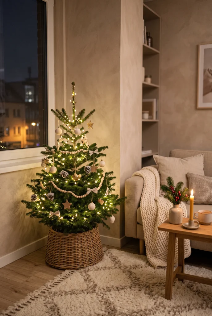Small Christmas tree styled in a cozy living room corner