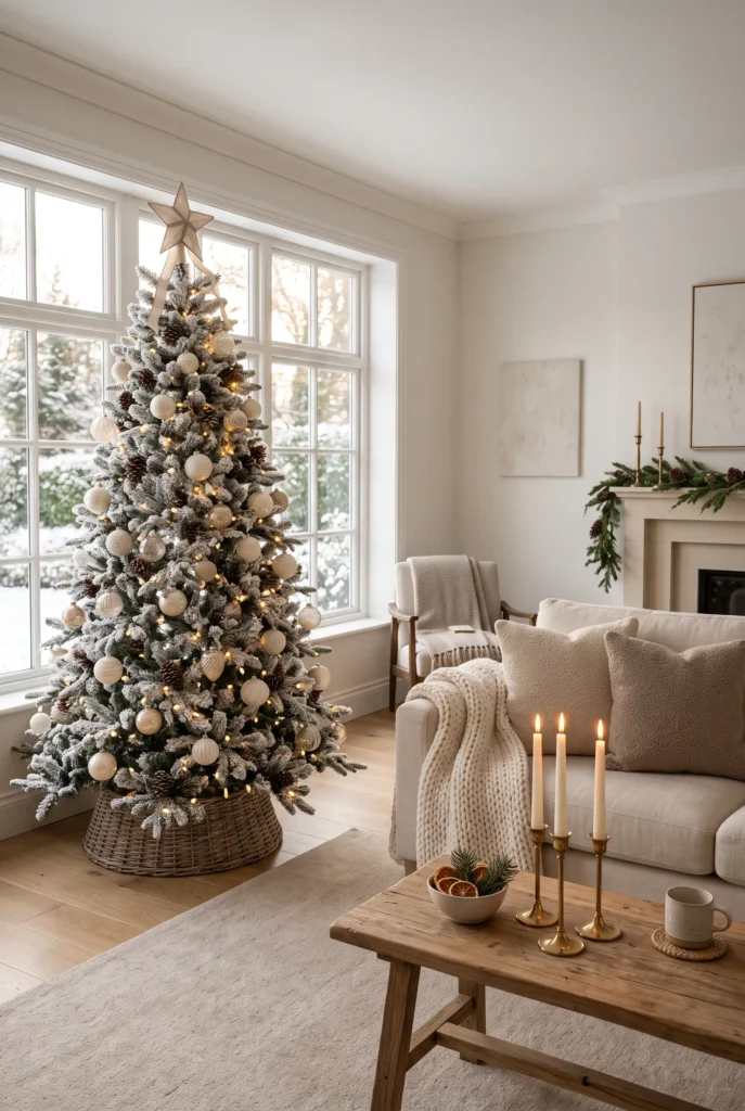 Neutral Christmas living room with cream decor, evergreen tree, ivory ornaments, and brass accents