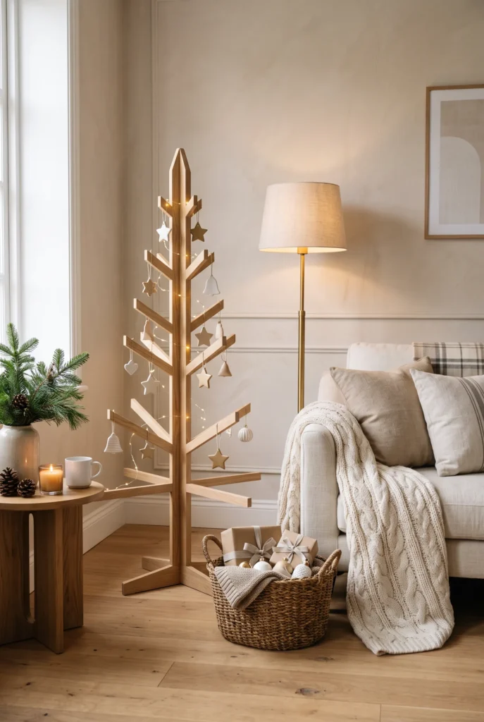 Minimalist wooden Christmas tree displayed beside a cream sofa and natural decor