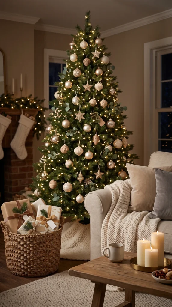 Warm Christmas living room with beautifully decorated Christmas tree
