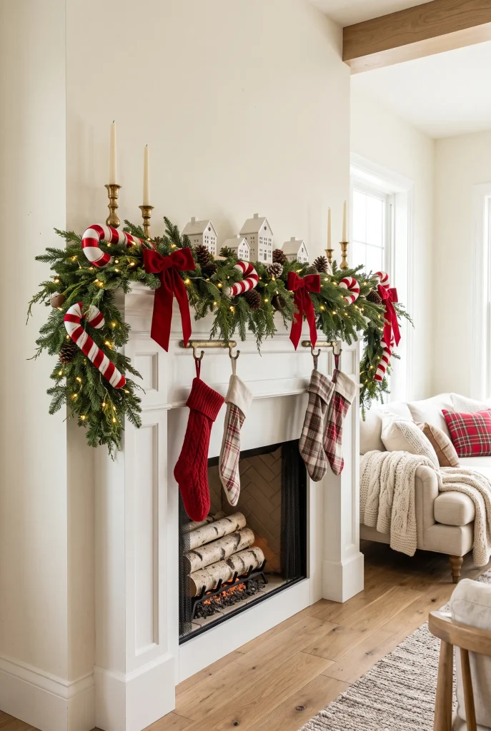 Christmas mantel with evergreen garland, red and white candy cane decorations, and stockings