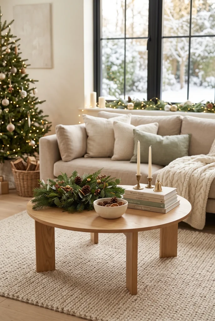 Cozy Christmas coffee table with evergreen centerpiece, pinecones, candles, and neutral accents