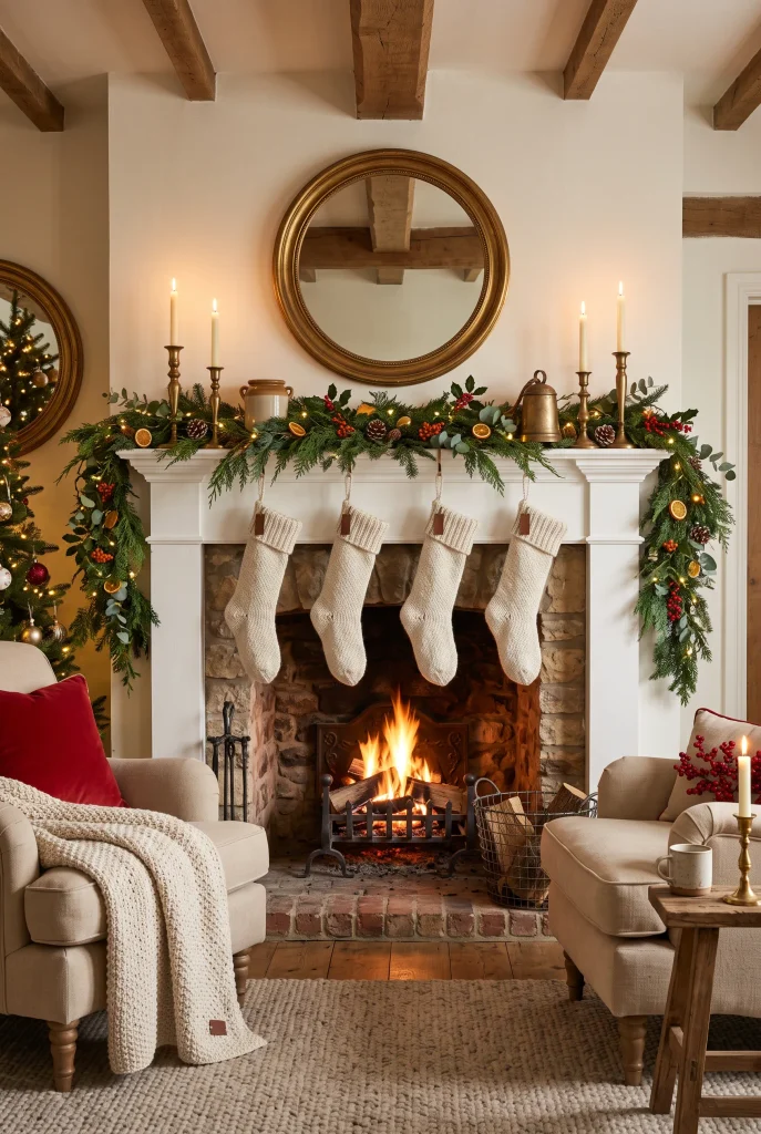 Christmas living room fireplace mantel decorated with evergreen garland and stockings