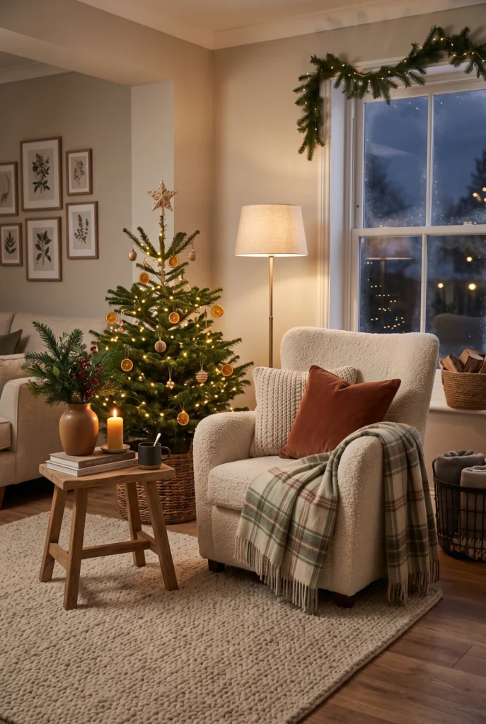 Cozy Christmas reading corner with an armchair, small tree, greenery, and warm lighting