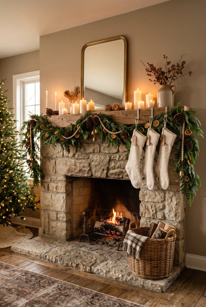 Christmas fireplace mantel decorated with evergreen garland, pinecones, candles, and cream stockings.