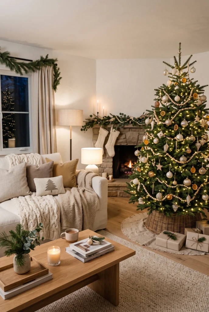 Neutral Christmas tree decorated with ivory, champagne, beige, and natural wood ornaments