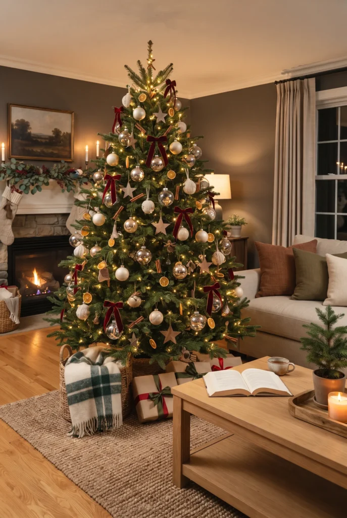 Christmas tree decorated with velvet ribbon, wooden ornaments, pinecones, and warm white lights