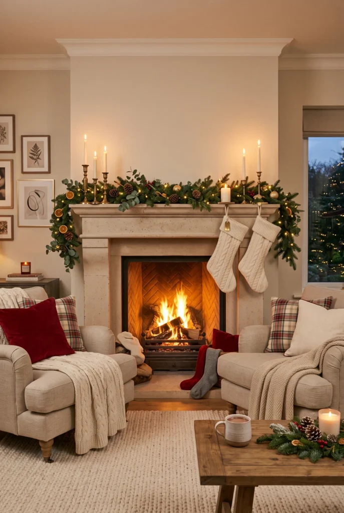 Christmas fireplace mantel decorated with evergreen garland, stockings, pinecones, and candles