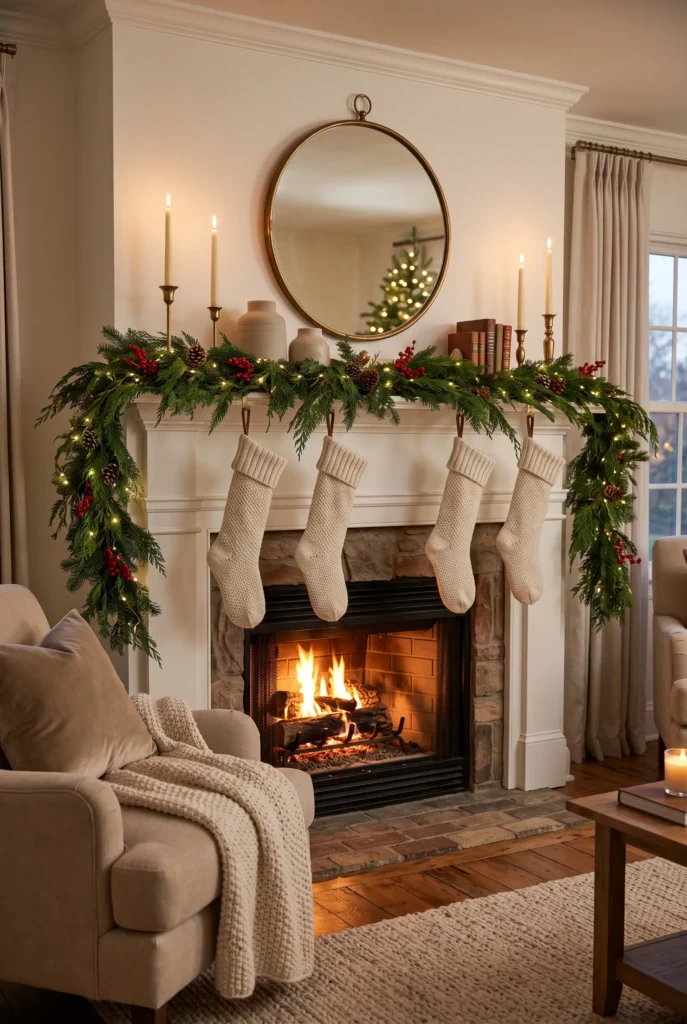 Christmas mantel decorated with evergreen garland, stockings, candles, and pinecones