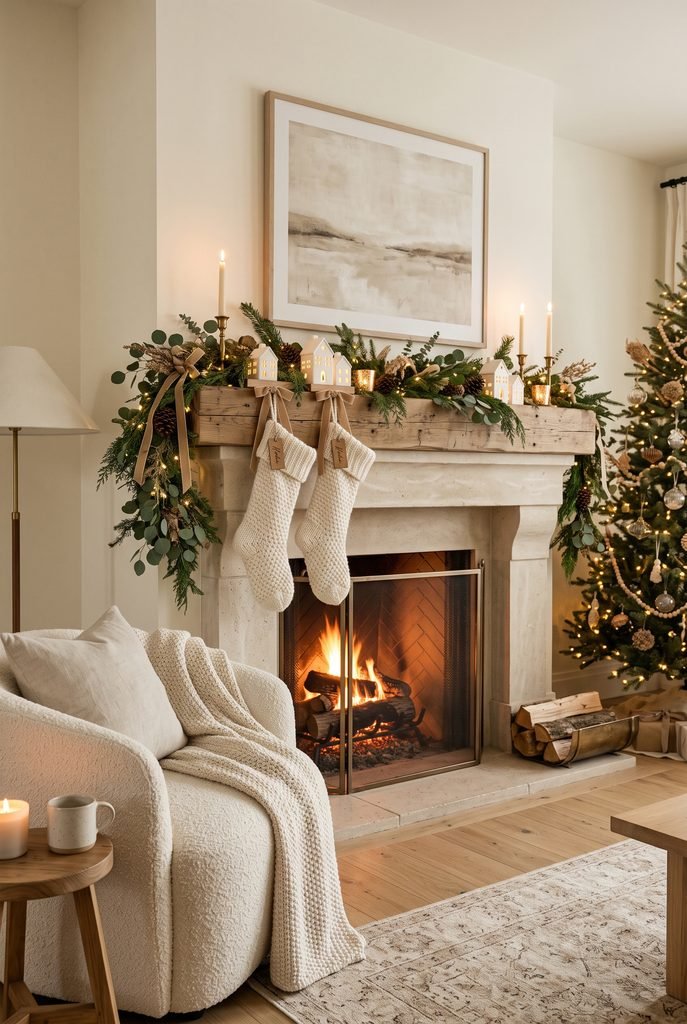 Neutral Christmas fireplace with greenery, ivory stockings, and natural accents