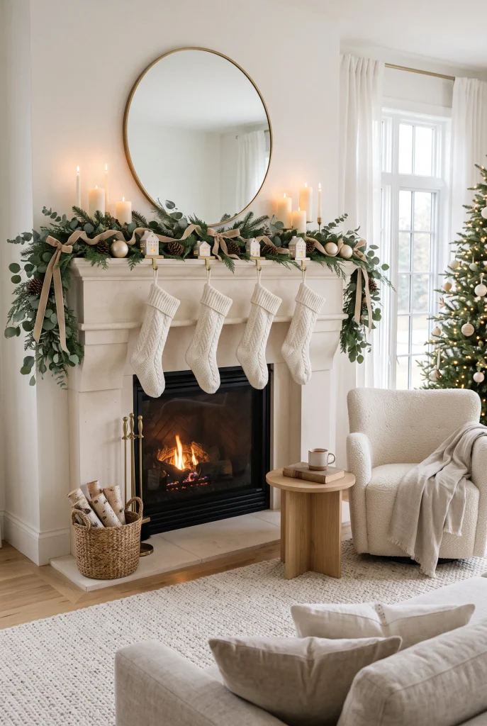 Neutral Christmas mantel with cream stockings, greenery, pinecones, and soft gold accents