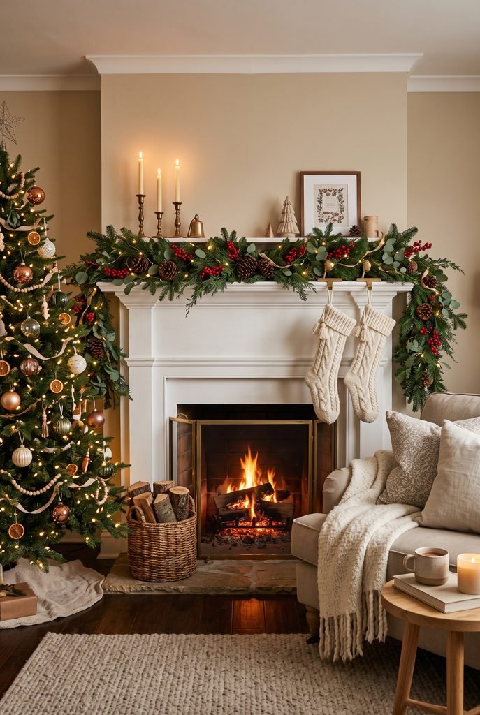Cozy living room fireplace mantel decorated with evergreen garland, pinecones, stockings, and lights