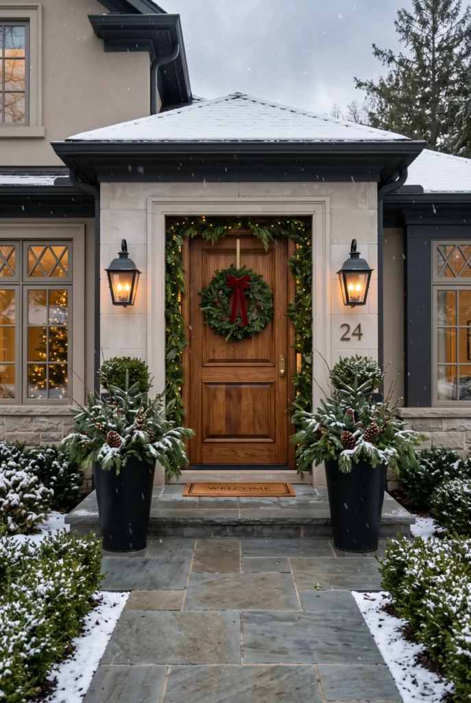 Christmas front door with evergreen wreath, pinecones, and seasonal planters