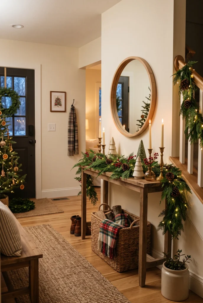 Cozy Christmas living room with decorated tree, warm lights, garland, and festive textiles