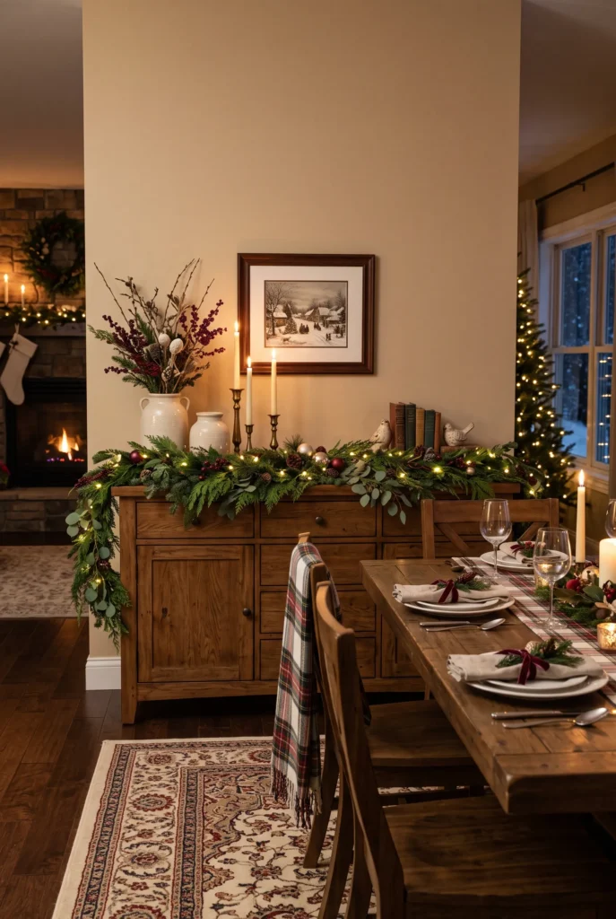 Christmas dining room sideboard decorated with evergreen garland and candles