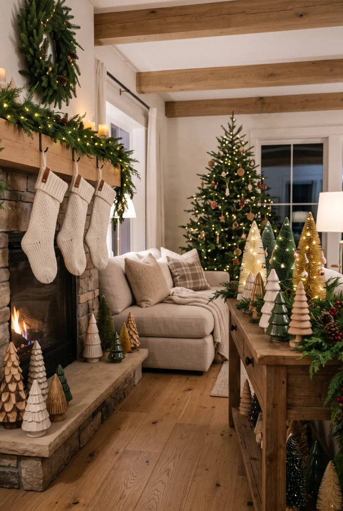 Scandinavian-inspired Christmas living room with pale wood and natural decorations