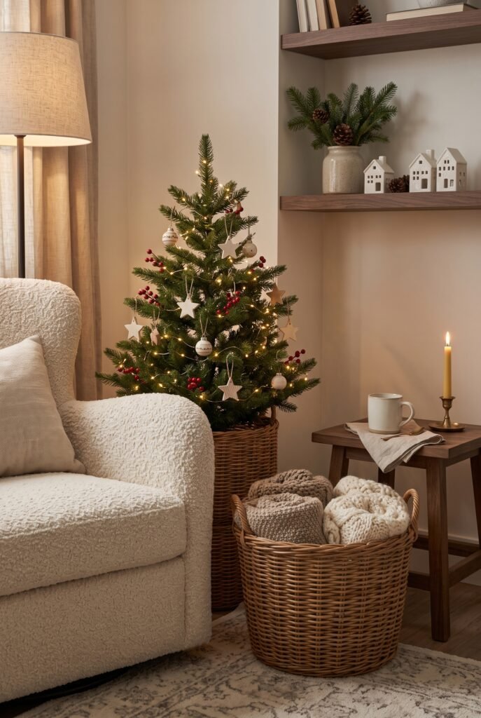 Cozy Christmas corner with a small tree, armchair, blankets, and warm lights