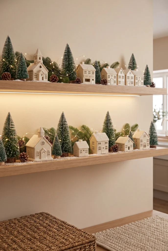 Miniature Christmas village with ceramic houses, tiny trees, and warm lights on a shelf.