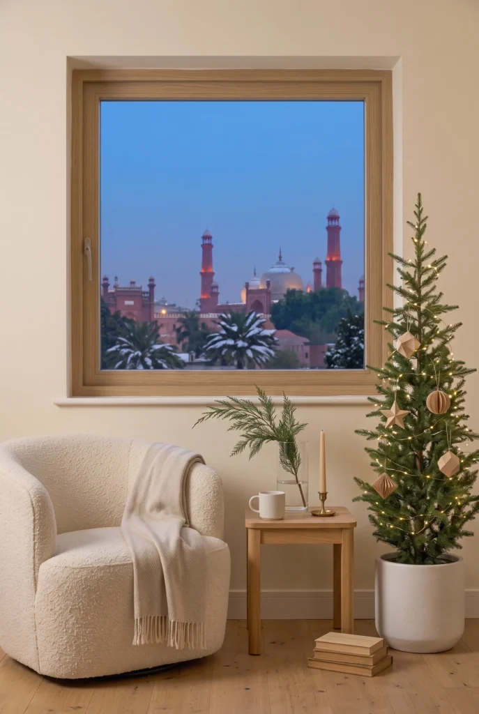 Minimalist Christmas corner with a slim evergreen tree and warm white lights