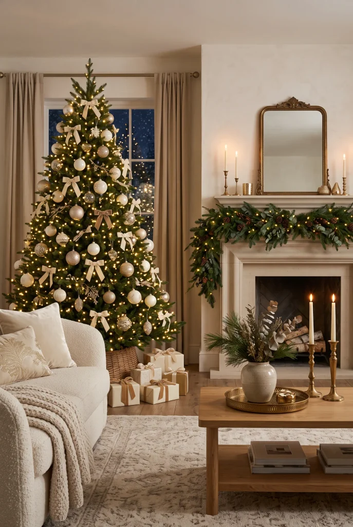 Cream and gold Christmas living room with elegant ornaments and warm white lights
