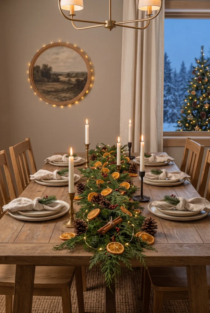 Christmas dining table decorated with dried orange slices, evergreen garland, pinecones, and candles