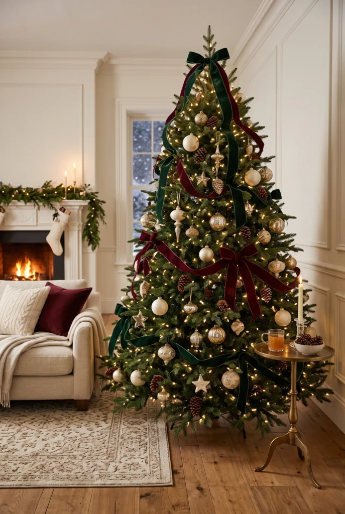Elegant Christmas tree decorated with forest green and burgundy velvet ribbon