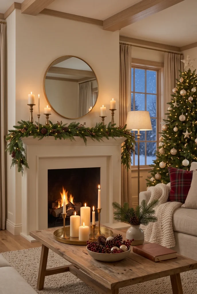Cozy Christmas sofa with plaid cushions, velvet accents, and knitted throw