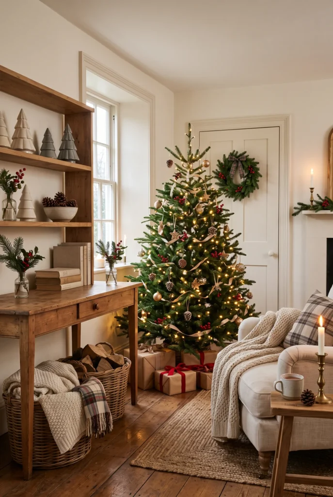 Cozy home decorated with small Christmas details including ceramic trees, wreaths, greenery, and candles