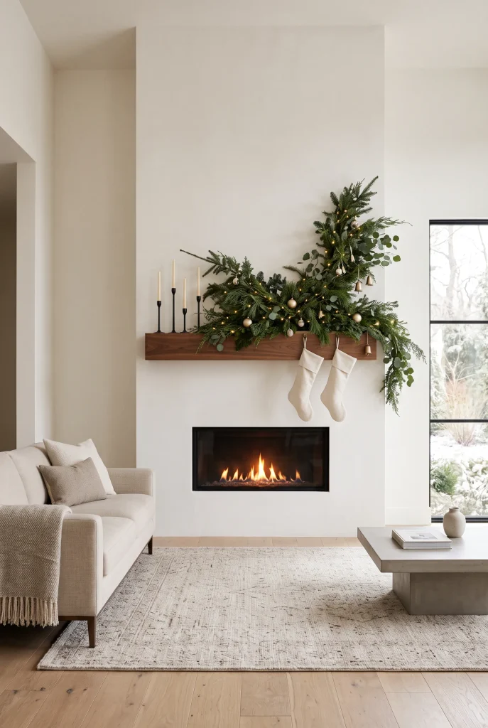 Modern Christmas fireplace with sculptural greenery and minimalist holiday decorations