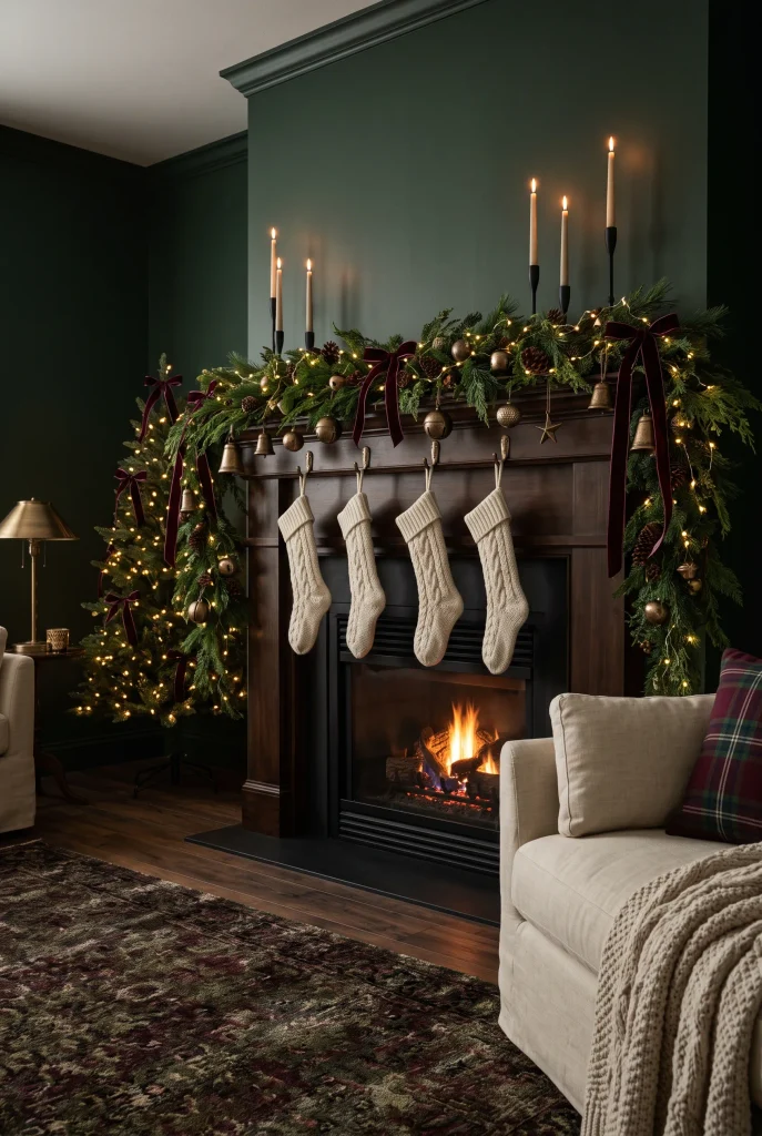 Moody green Christmas mantel with evergreen garland, burgundy ribbon, brass accents, and cream stockings