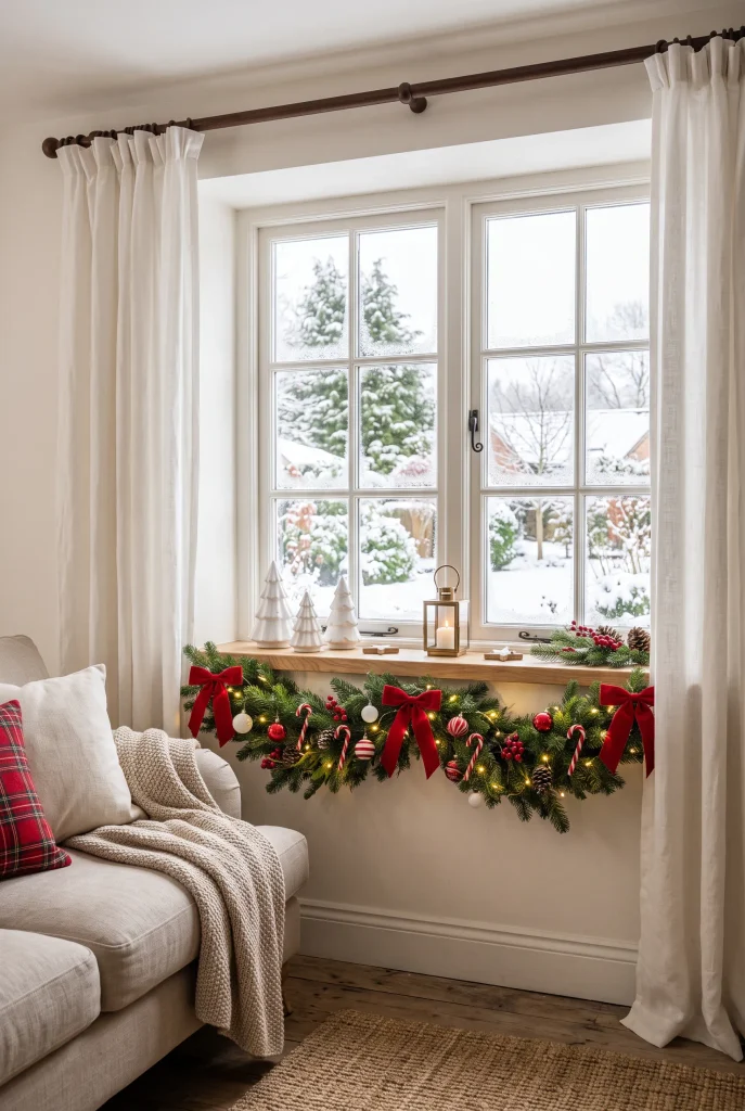 Christmas window decorated with evergreen branches, red bows, and white ornaments