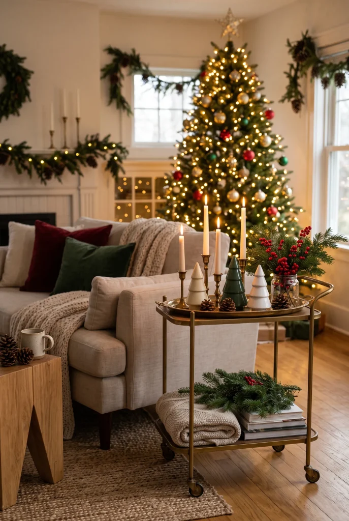 Christmas living room side table styled with greenery, candles, brass accents, and ornaments