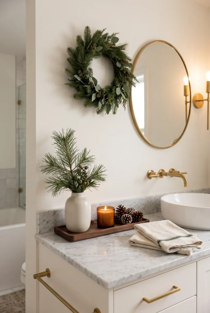 Elegant bathroom with evergreen branch, Christmas wreath, candle, and seasonal towels