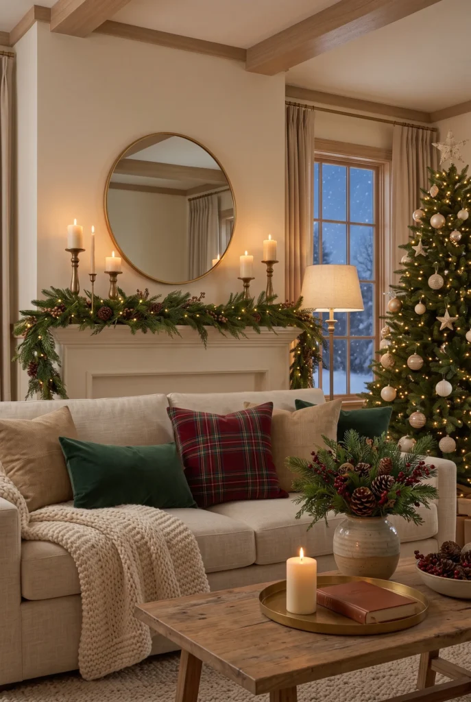 Christmas kitchen island with evergreen centerpiece and ceramic holiday