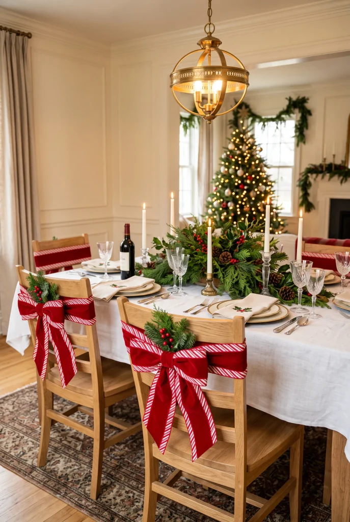 Christmas dining chairs decorated with red velvet and candy cane striped bows