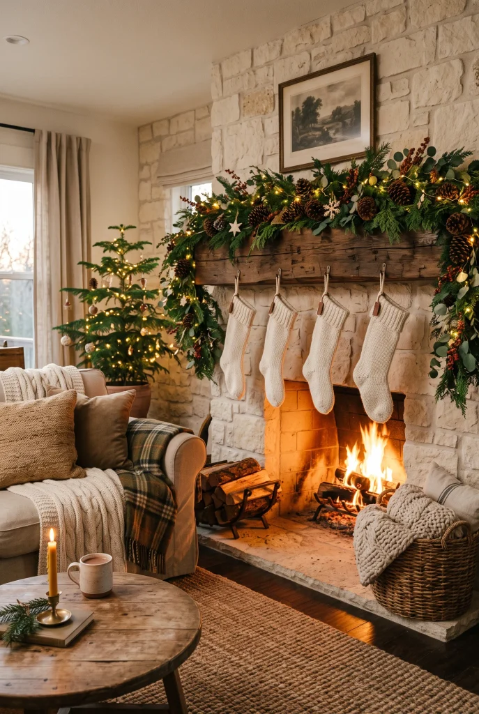 Christmas fireplace decorated with natural pinecones, evergreen garland, and warm lights