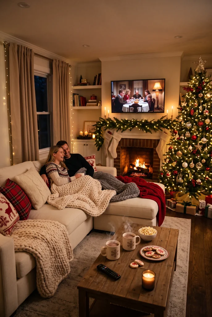 Cozy Christmas movie night living room with blankets, pillows, tree lights, and fireplace