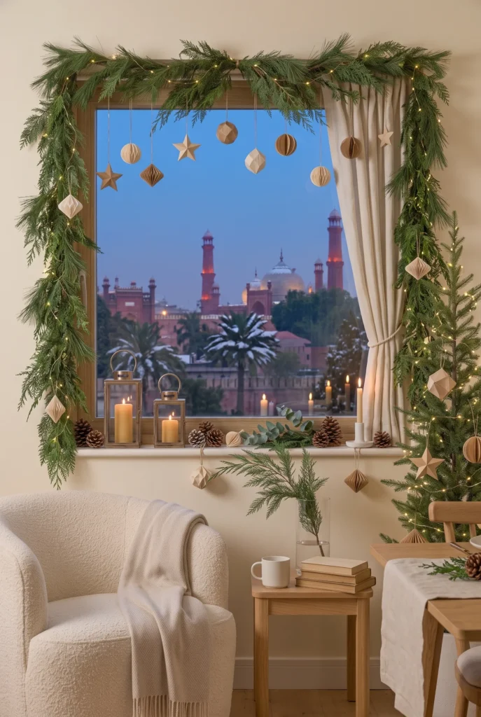 Christmas window decorated with evergreen branches, lights, and seasonal ornaments
