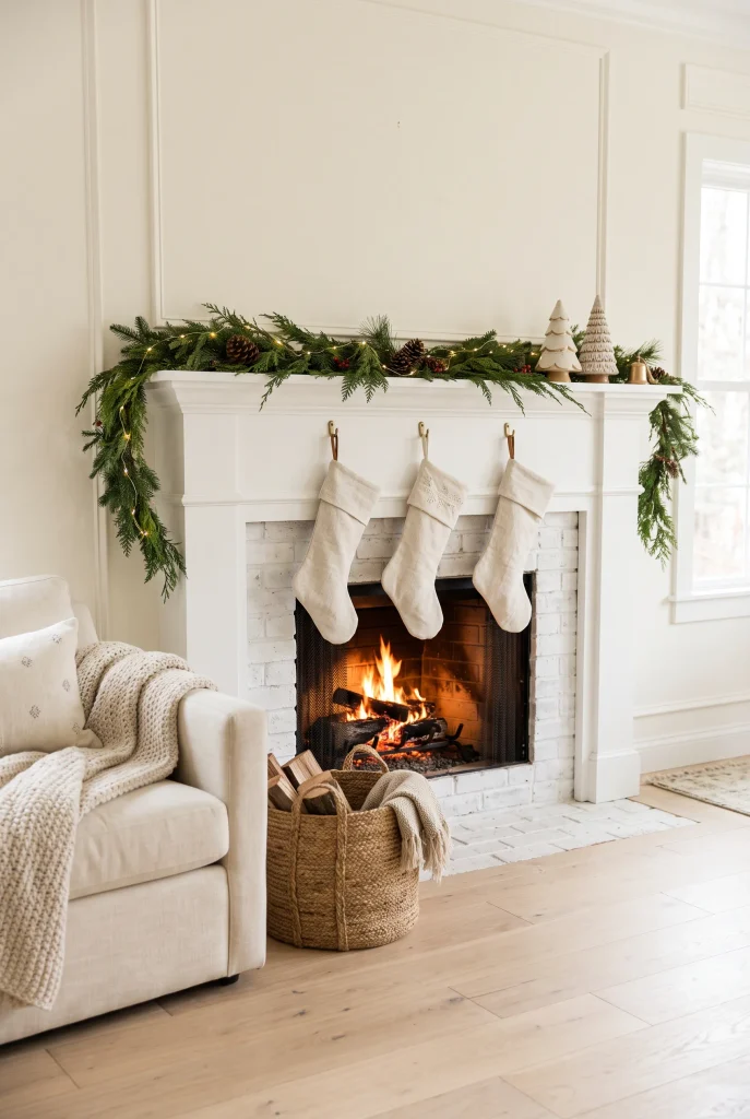 Simple Christmas mantel with evergreen garland, linen stockings, pinecones, ceramic trees, and warm lights