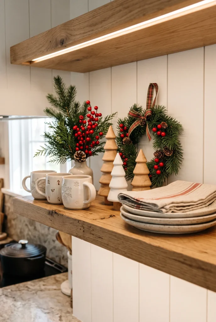 Kitchen shelf decorated with Christmas greenery, ceramic mugs, wooden trees, and red berries.