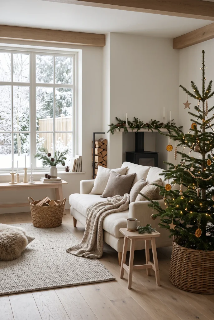 Traditional Christmas living room with deep red accent wall and decorated tree