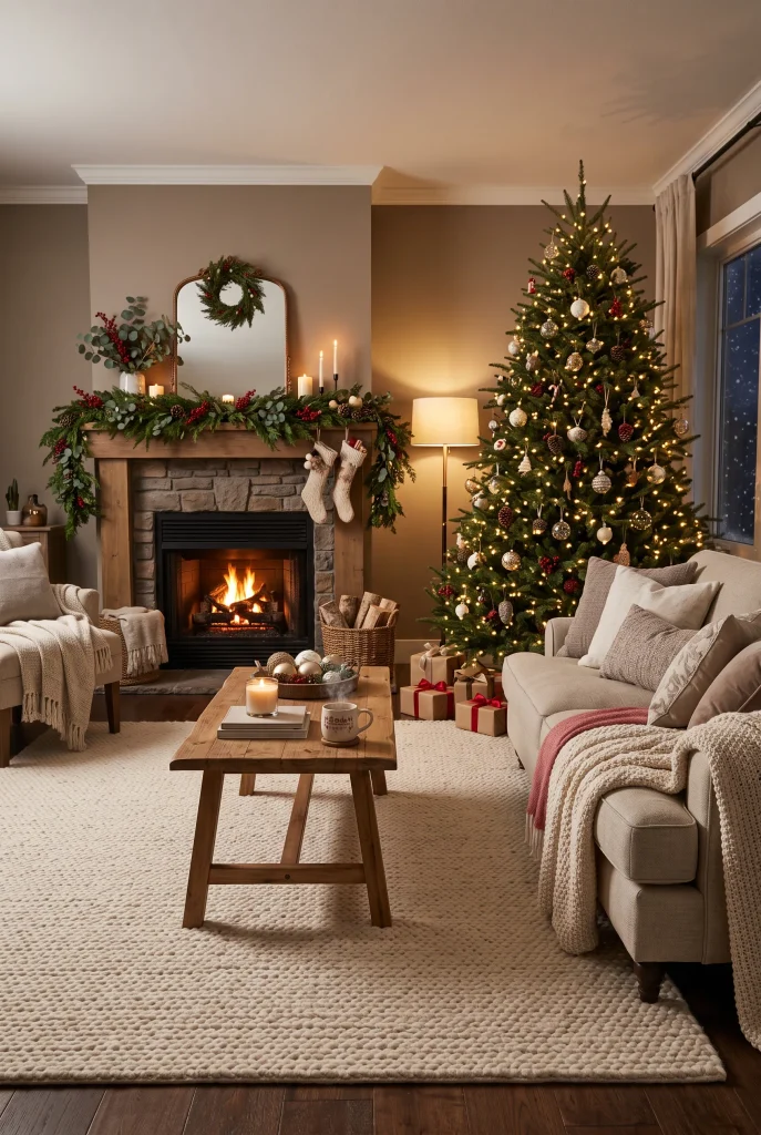 Cozy Christmas living room with a plush neutral area rug and warm seasonal decorations