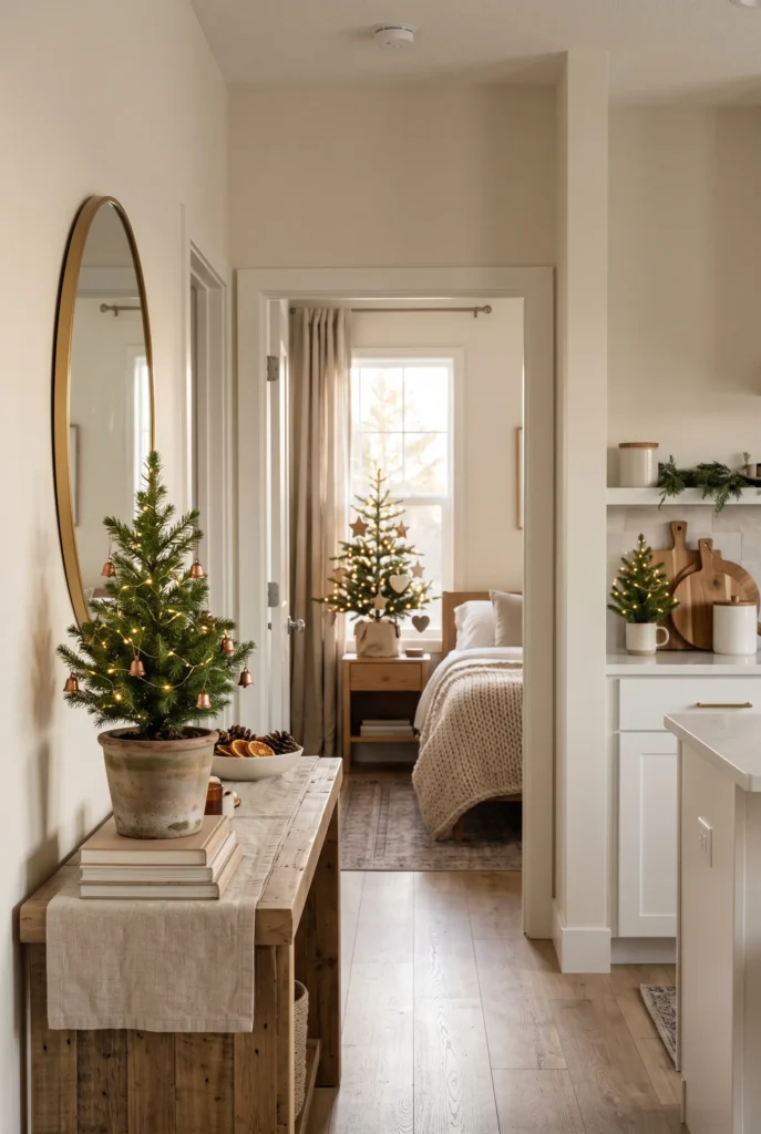 Small Christmas trees decorating different rooms around the home