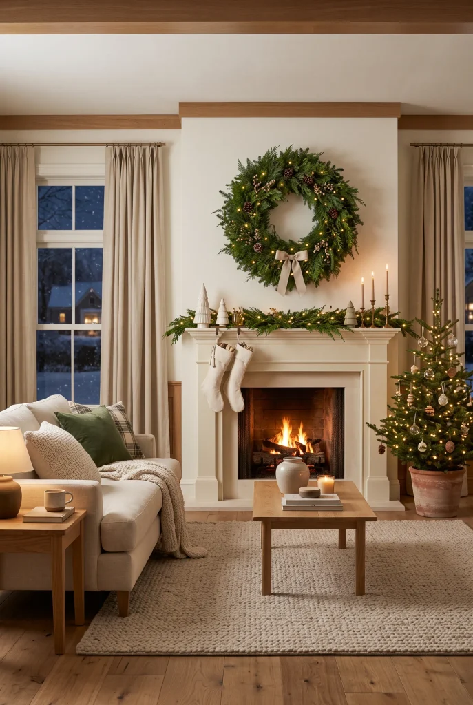 Natural evergreen Christmas wreath displayed above a fireplace mantel