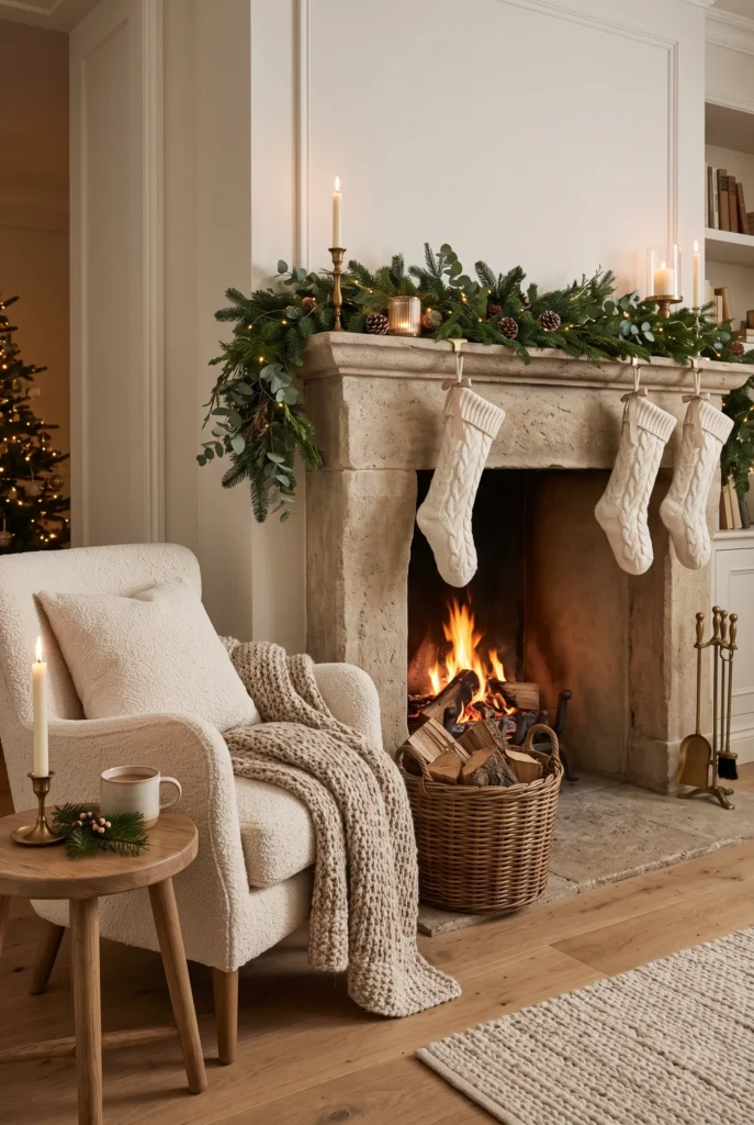 Cozy Christmas fireplace nook with evergreen garland, stockings, chair, and woven basket