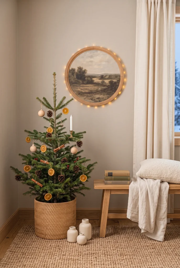 Minimalist Christmas corner with slim evergreen tree, warm lights, and neutral ornaments