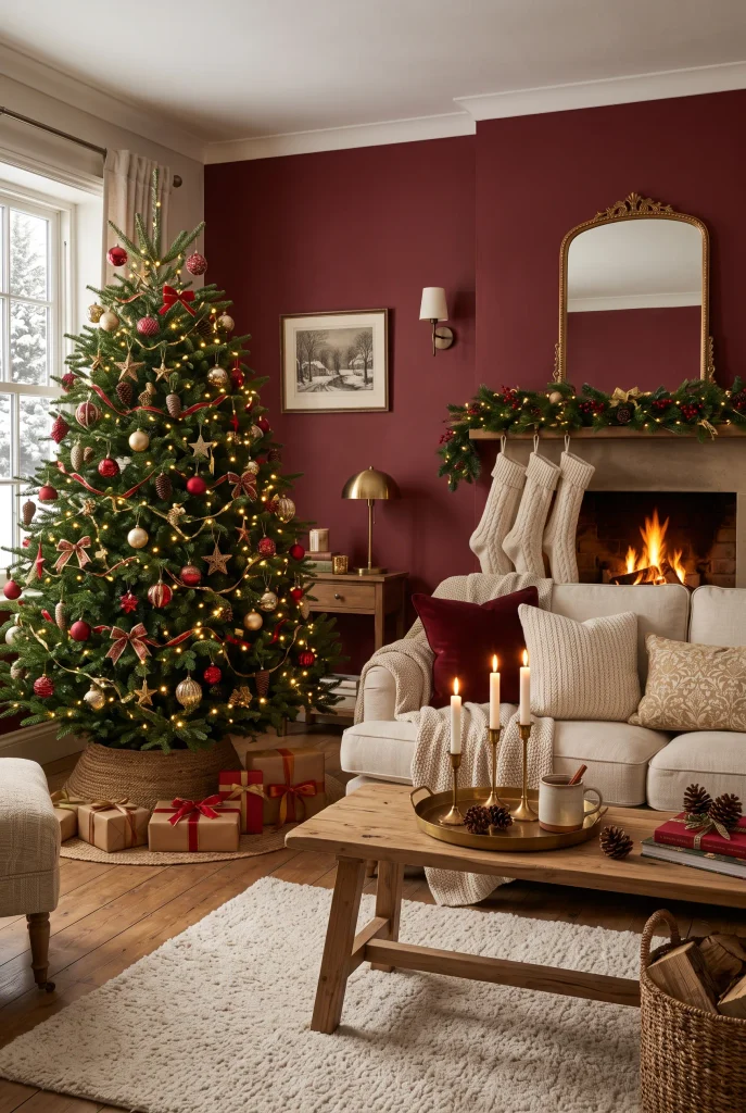 Christmas coffee table styled with a decorative tray and seasonal accents