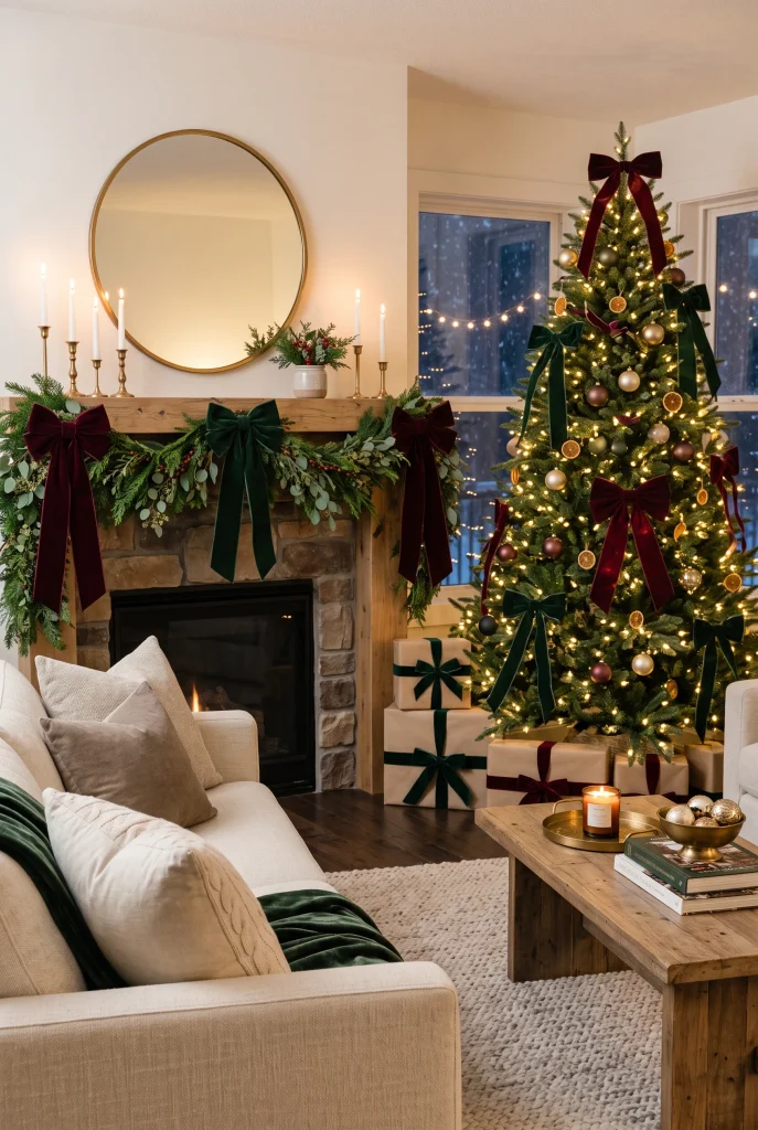 Christmas living room decorated with oversized velvet bows on an evergreen tree