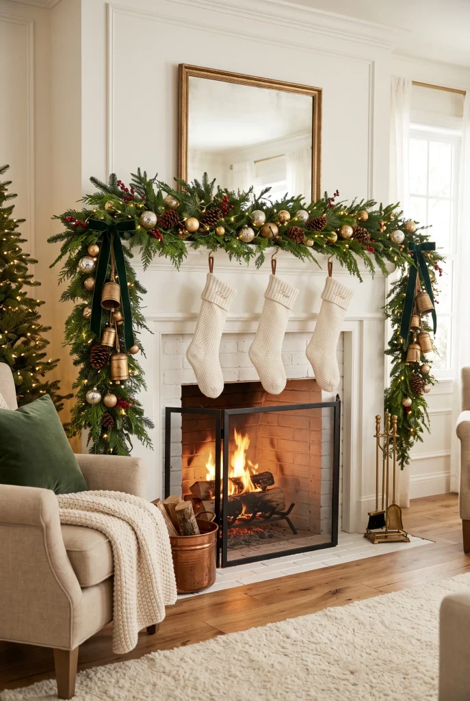 Christmas mantel with evergreen garland, gold bells, forest green ribbon, cream stockings, and warm lights